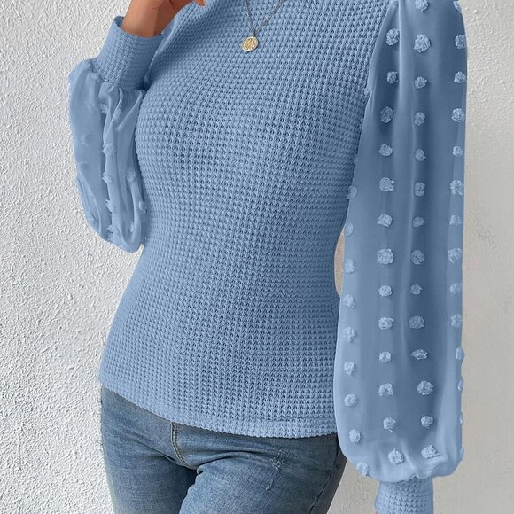 Blue Elegant Women's Swiss Dot Lantern Sleeve Mock Neck Tee - Picture 6 of 7